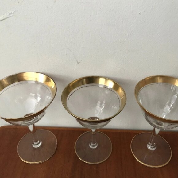 Vintage 5 Glastonbury Rose Lotus Fluted Gold Encrusted Sherbert Wine Glasses Set - Picture 4 of 10